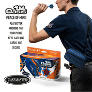 Darts player throwing while wearing a blue Nomad Oasis case, shown beside the retail packaging box