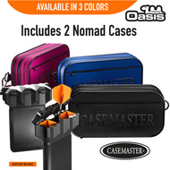 Nomad Oasis cases in pink, blue and black with the two included Nomad hard dart cases holding darts