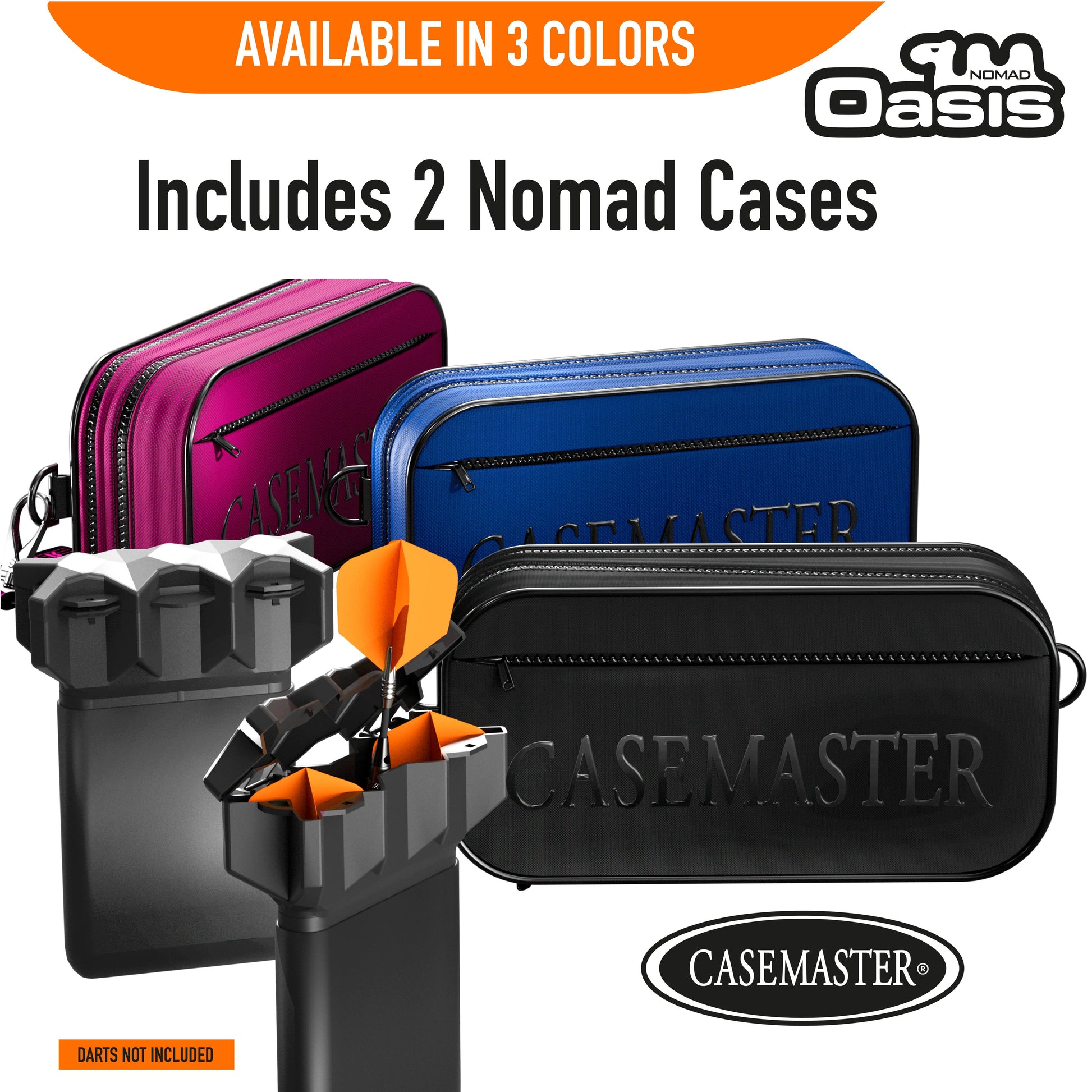 Nomad Oasis cases in pink, blue and black with the two included Nomad hard dart cases holding darts