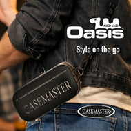 Black Nomad Oasis dart case worn at the hip over denim with the shoulder strap attached