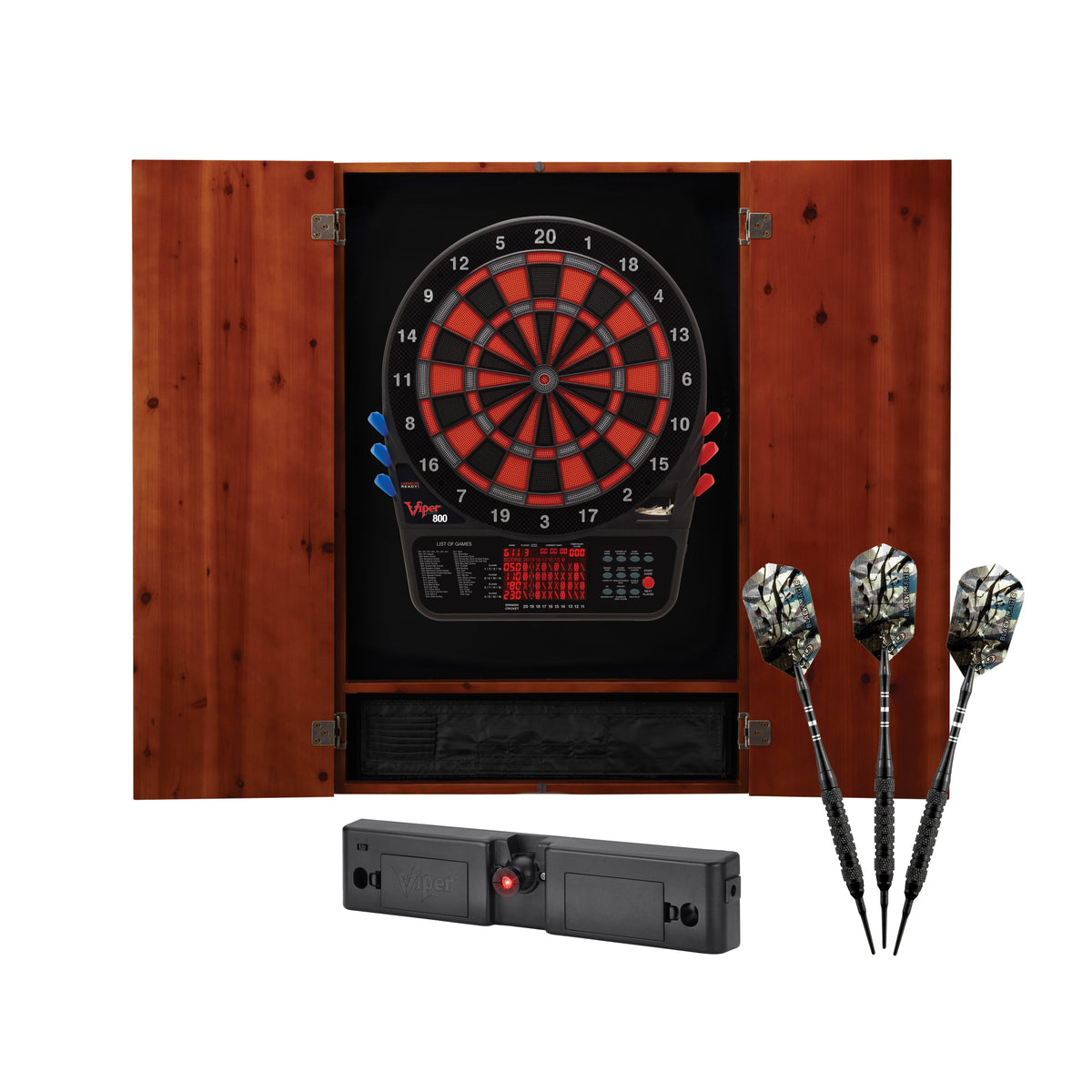 Viper Metropolitan Electronic Soft Tip Dartboard and Cabinet Bundle: Elite Set (800 Dartboard, Darts and Throw Line Light), Cinnamon Finish