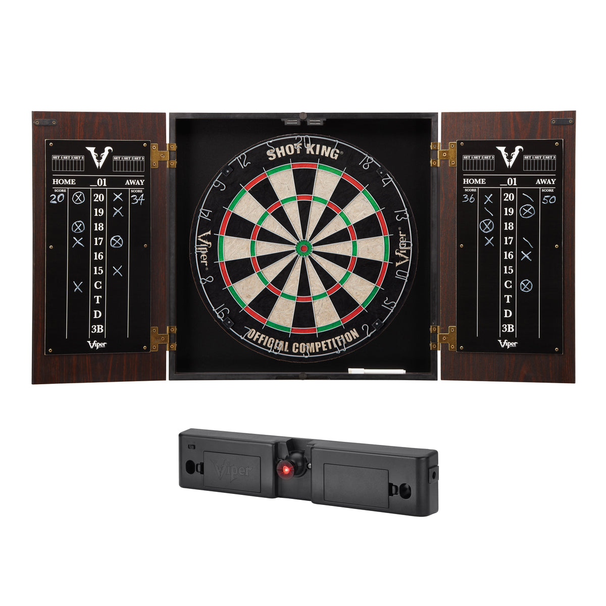 Viper Stadium Dartboard Cabinet with Shot King Sisal Dartboard Viper Light Throw/Toe Line Marker (Steel and Soft Tip Darts)