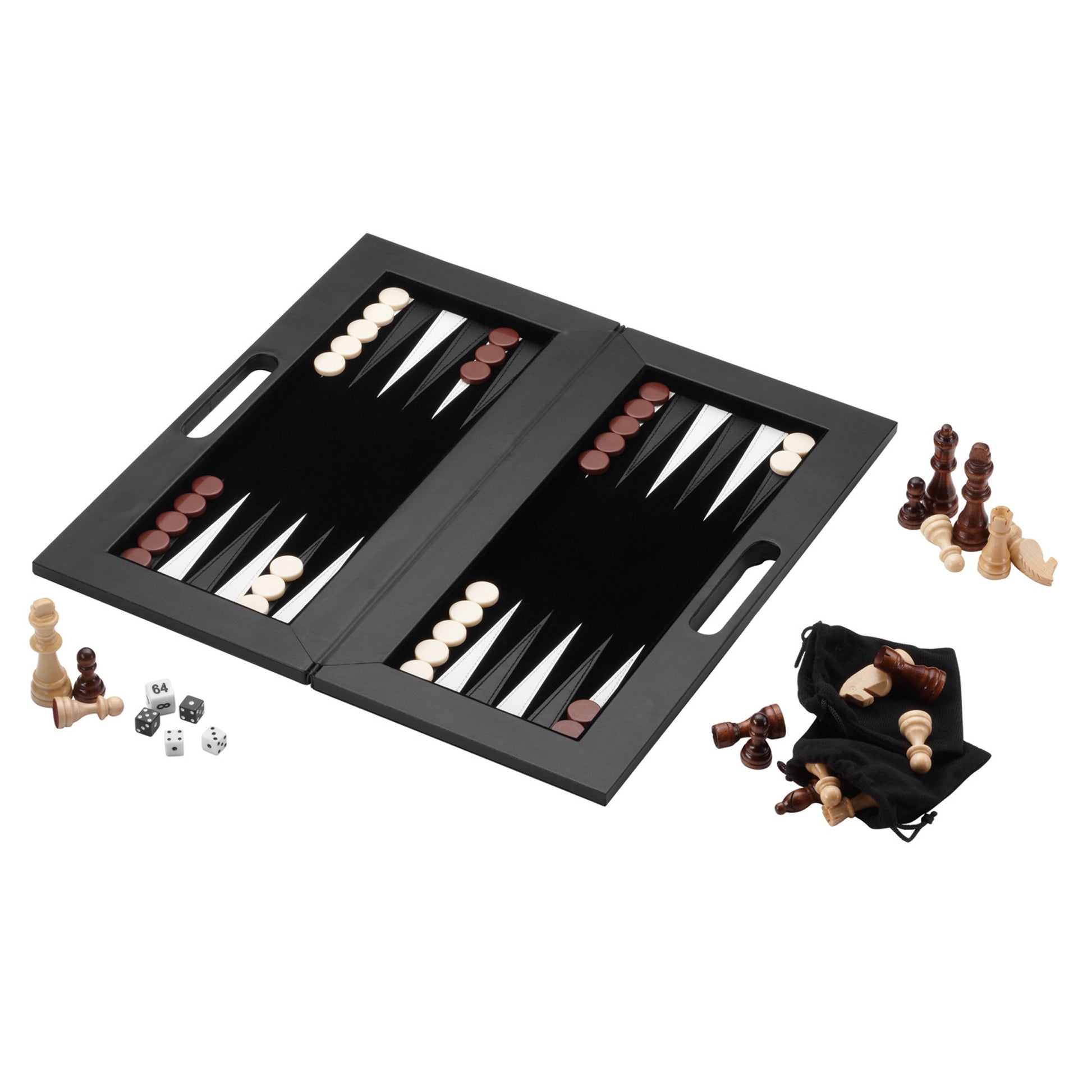 Black folding board with cream and burgundy game pieces, dice, and black storage pouch