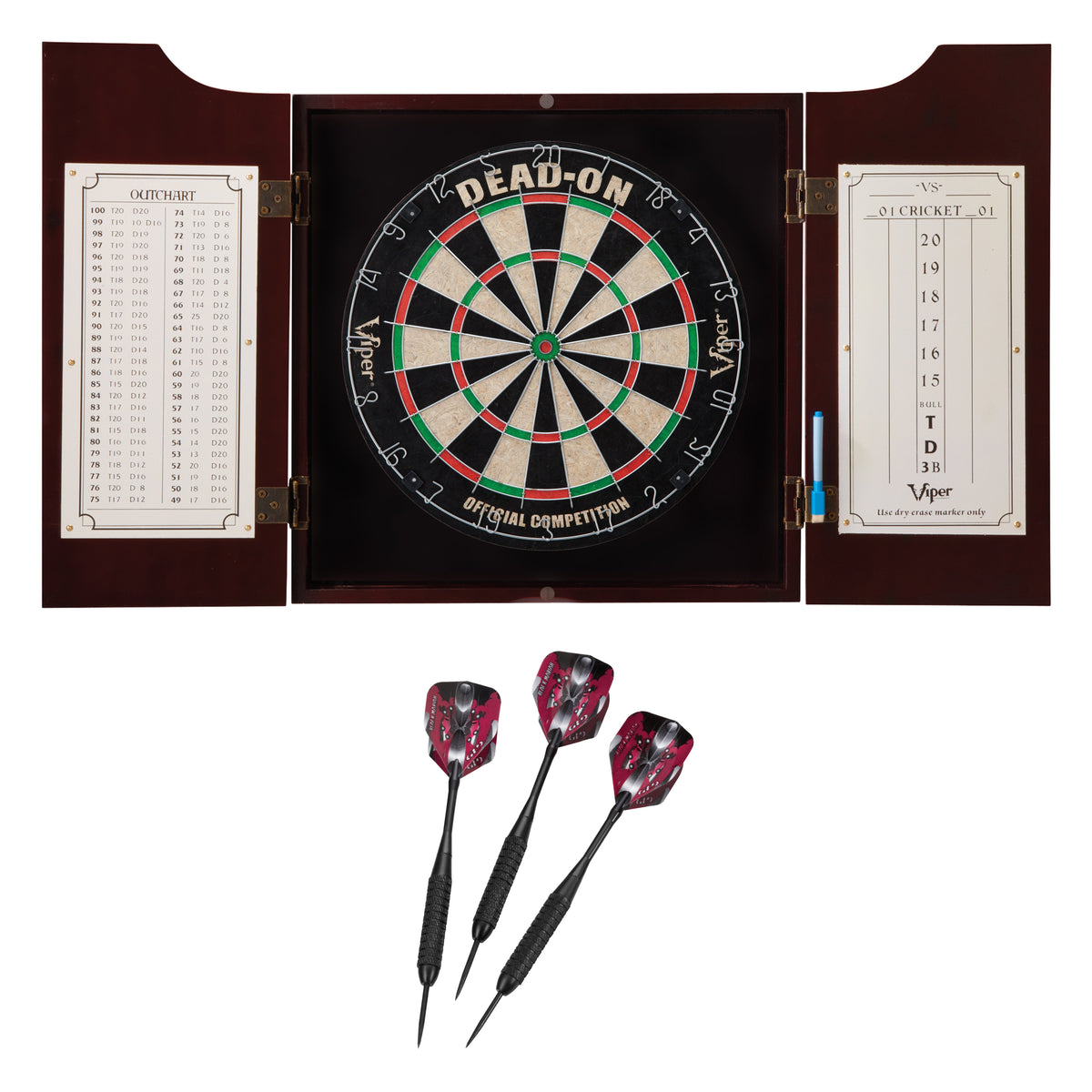 Viper Hudson Dartboard Cabinet, Viper Dead-On Bristle Dartboard, and Viper Black Mariah Steel Tip Darts 22 Grams