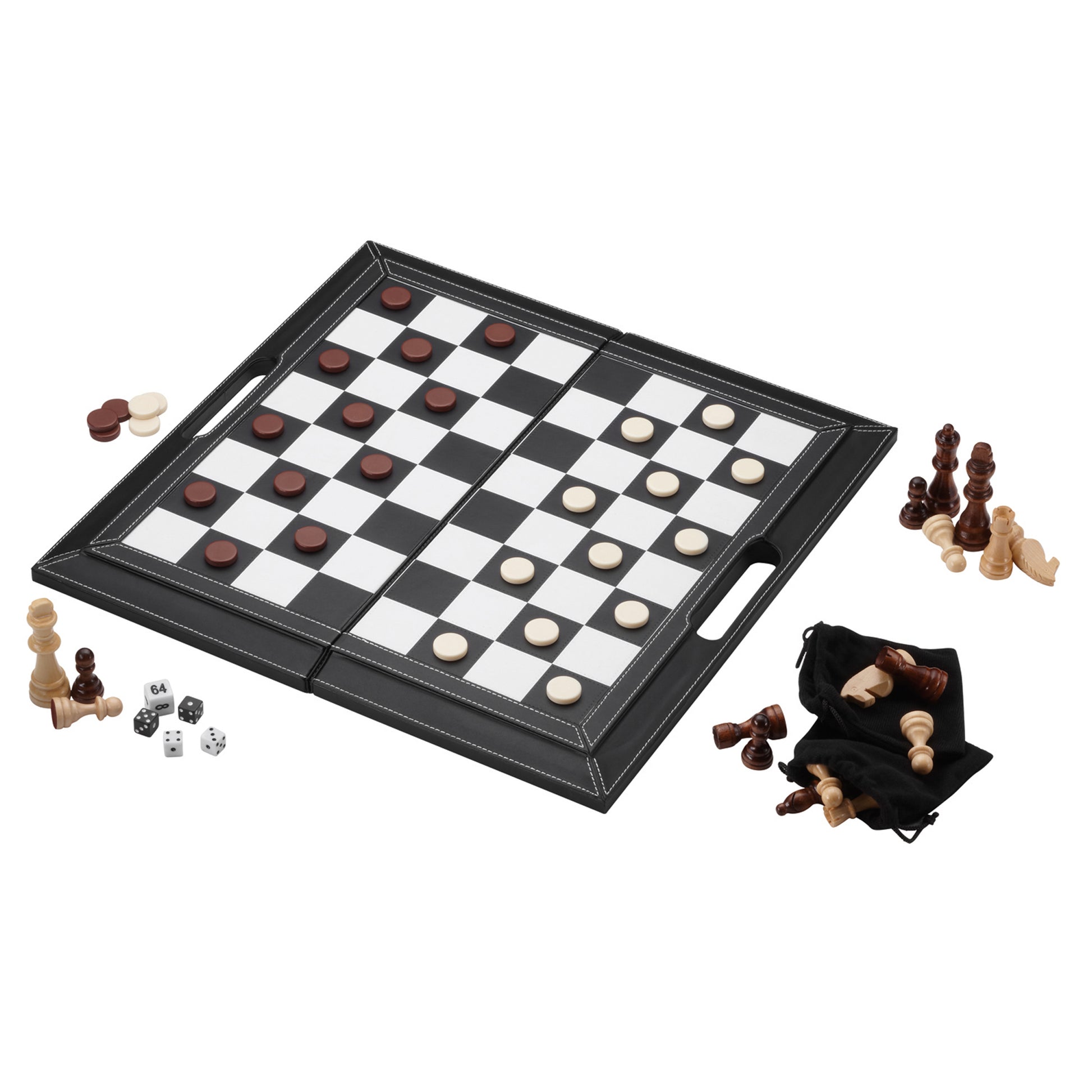 Black leatherette board with checkers game and wooden pieces, dice, storage pouch