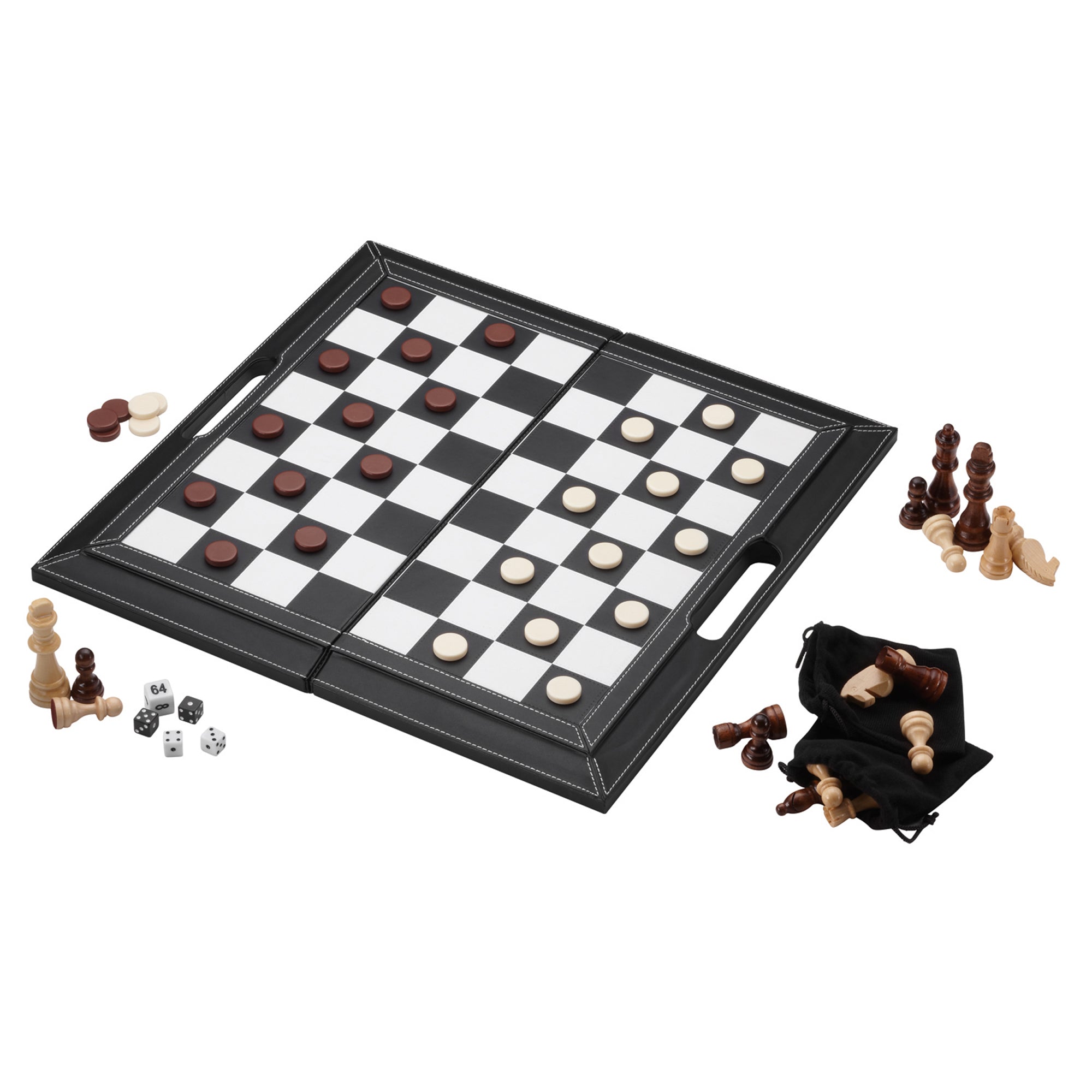 Black leatherette board with checkers game and wooden pieces, dice, storage pouch