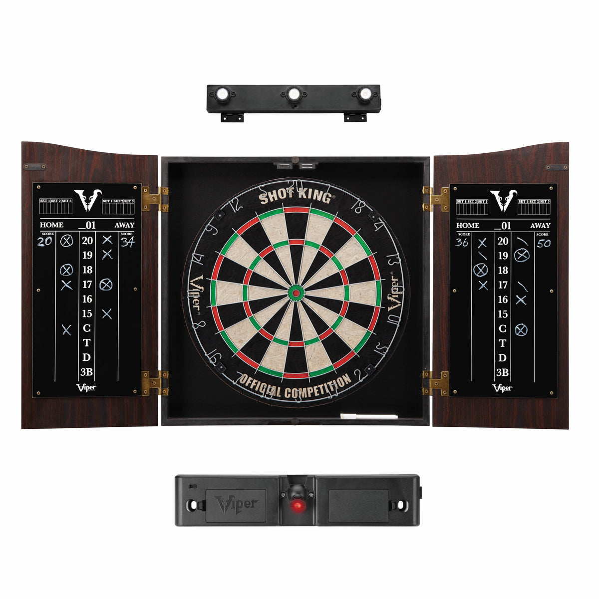 Viper Vault Sisal/Bristle Steel Tip Dartboard & Cabinet Bundle: Elite Set (Shot King Dartboard, Darts, Shadow Buster and Throw Line Light)