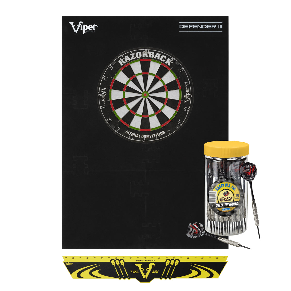Viper Razorback Sisal Dartboard, Defender III Dart Surround, Jar of 20 Darts and Viper Edge Throwline