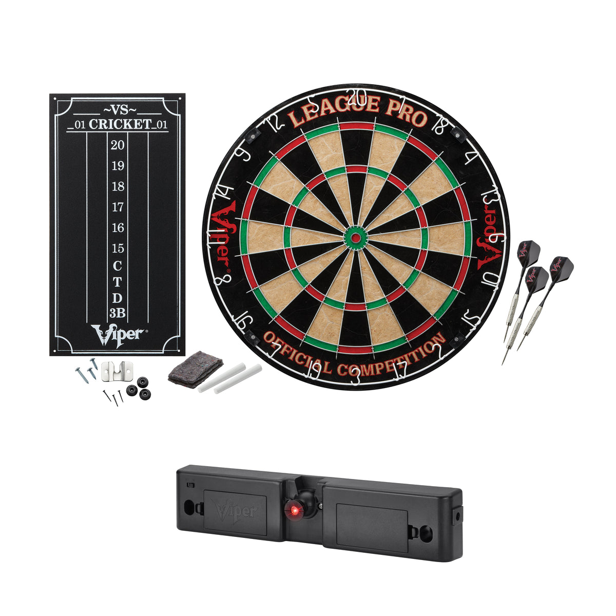 Viper League Pro Bundle with Chalk Scoreboard, Set of Steel-Tip Darts, and Throw Line Light