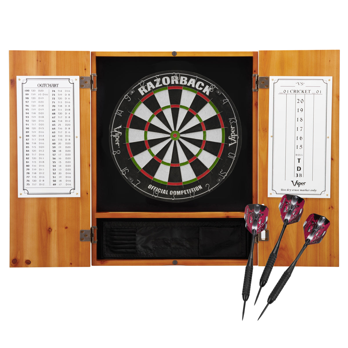 Viper Metropolitan Sisal Fiber Bristle Dartboard and Cabinet Bundle: Premium Set (Razorback Dartboard and Darts), Oak Finish