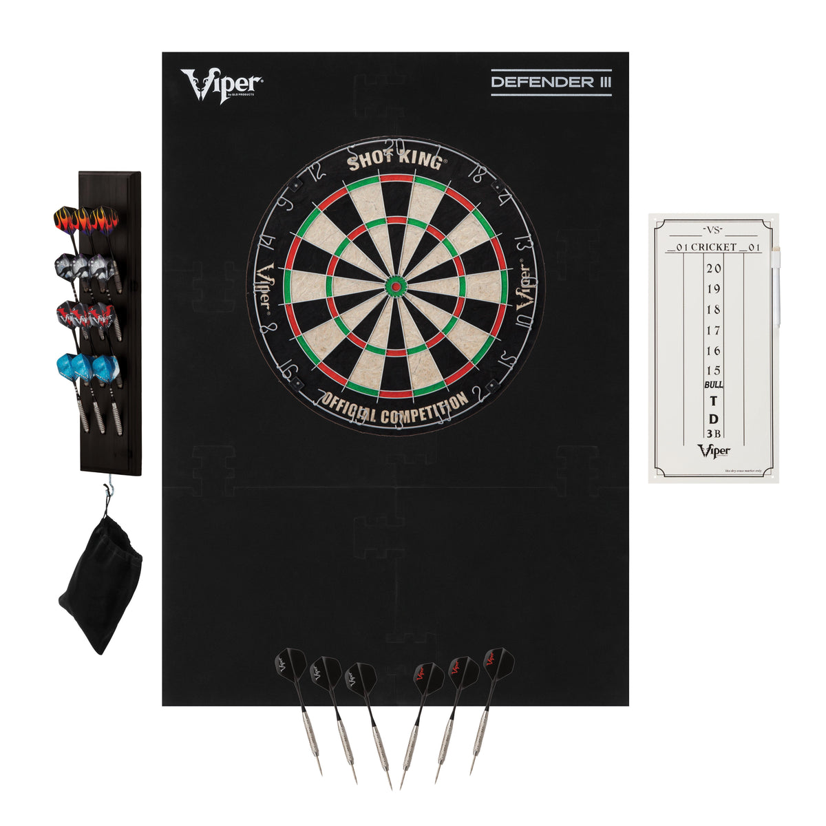 Viper Shot King Dartboard, Wall Defender III, Dry Erase Scoreboard, and Black Dart Caddy