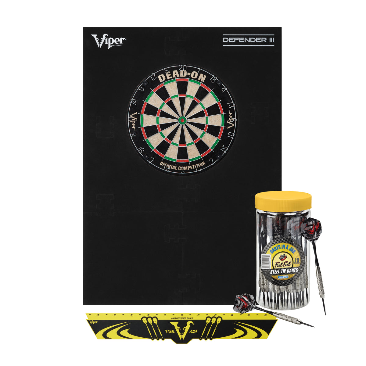 Viper Dead-On Sisal Dartboard, Defender III Dart Surround, Jar of 20 Darts and Viper Edge Throwline