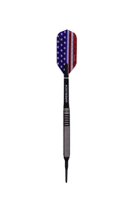 Dart with American flag-patterned flight in blue and red, black shaft labeled Viper, and grooved metal barrel