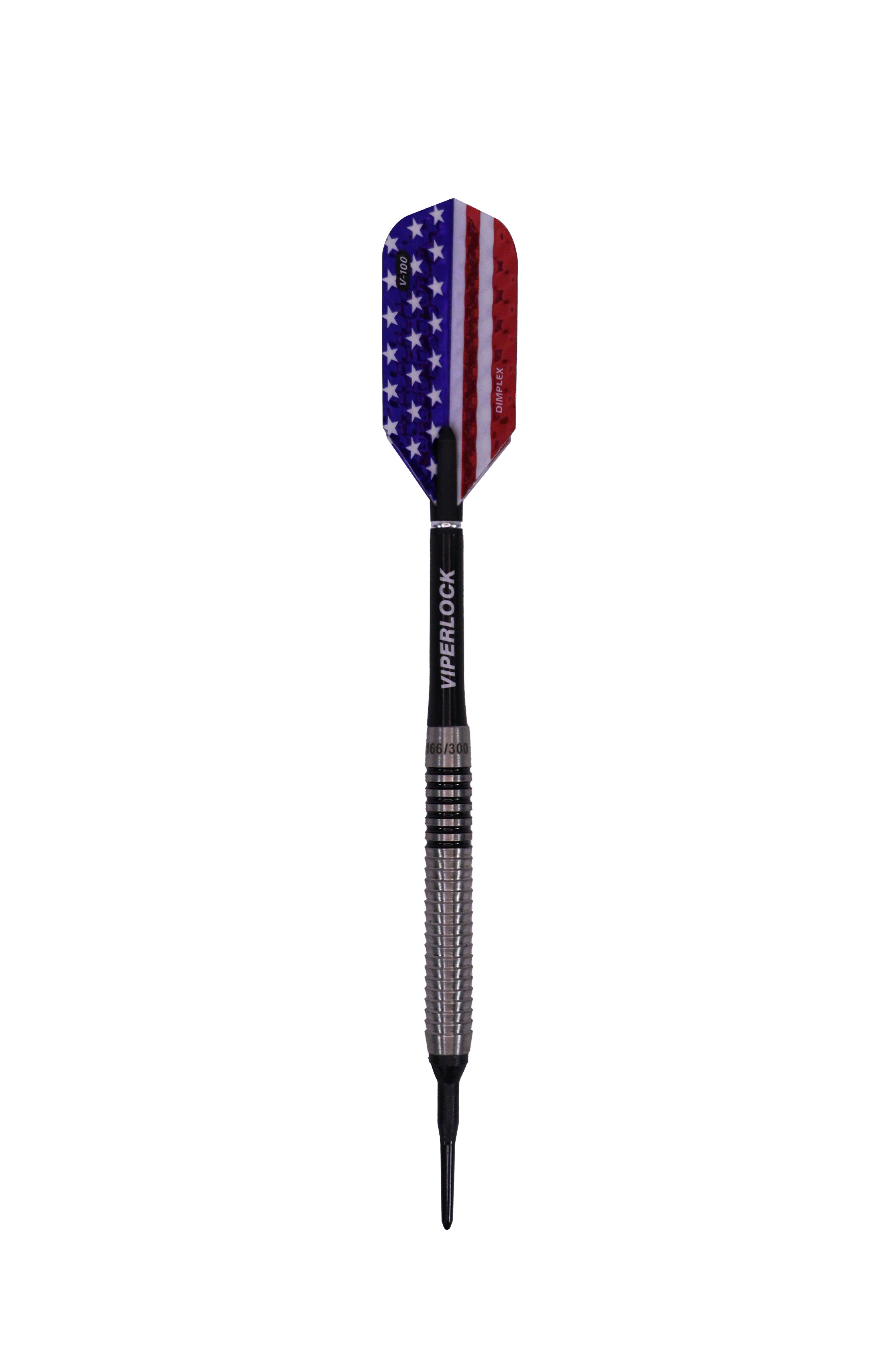 Dart with American flag-patterned flight in blue and red, black shaft labeled Viper, and grooved metal barrel