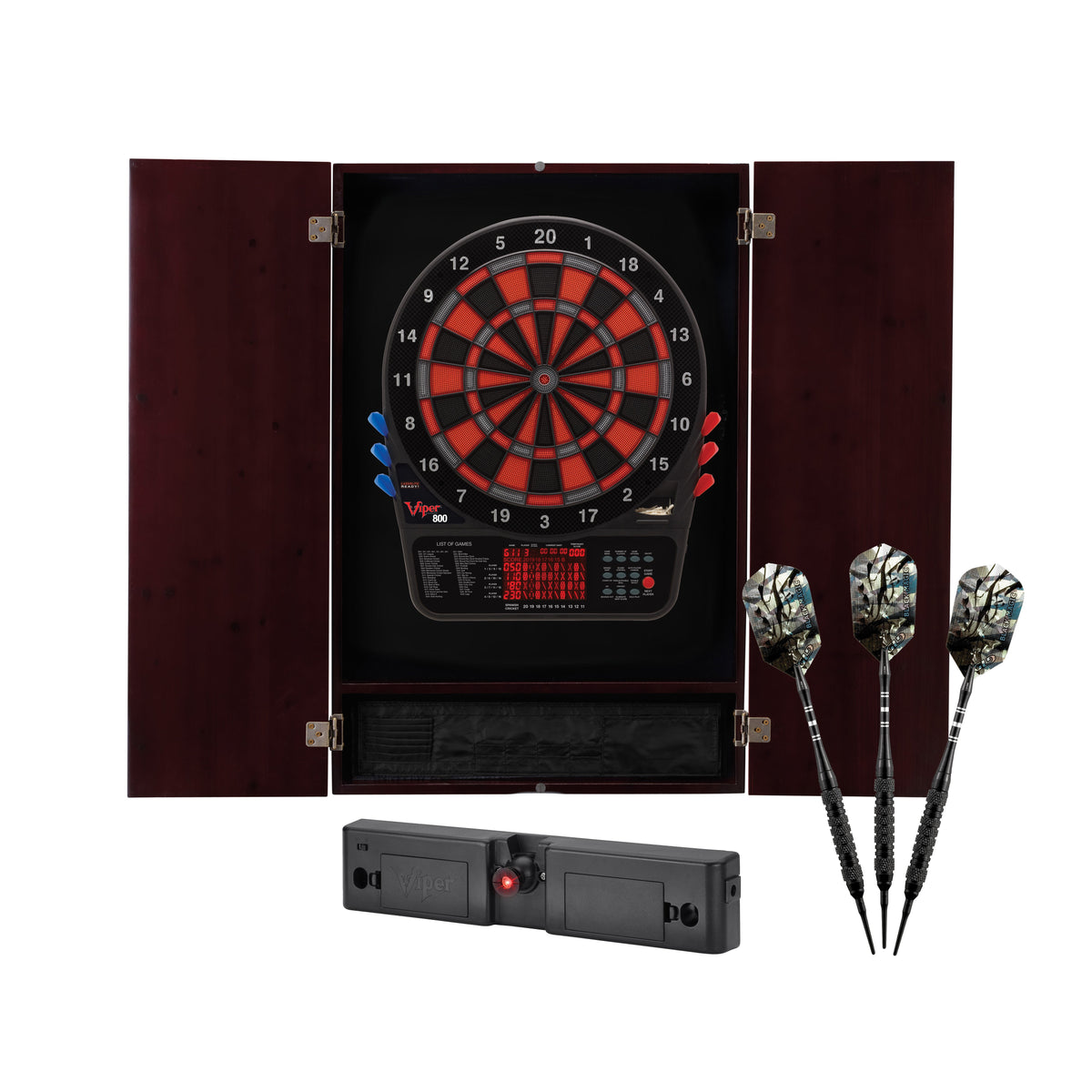 Viper Metropolitan Electronic Soft Tip Dartboard and Cabinet Bundle: Elite Set (800 Dartboard, Darts and Throw Line Light), Mahogany Finish