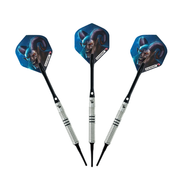 Three Elkadart Titan soft-tip darts with silver barrels and blue Titan-print flights on white