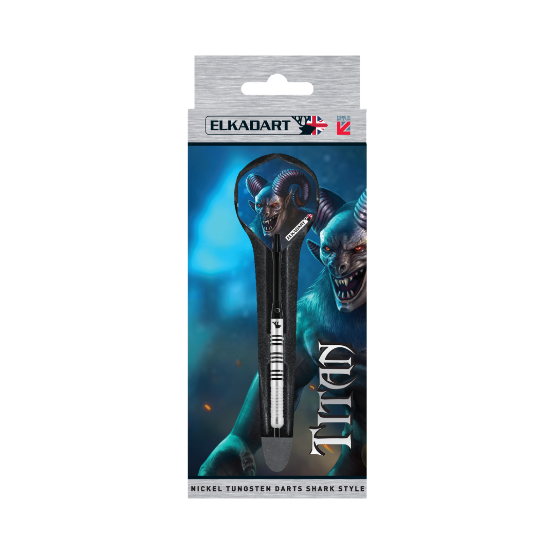 Elkadart Titan soft-tip dart in retail packaging box with Titan demon illustration and product name