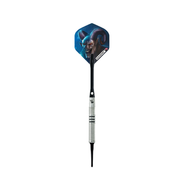Single assembled Elkadart Titan soft-tip dart with silver ringed barrel and blue Titan-print flight