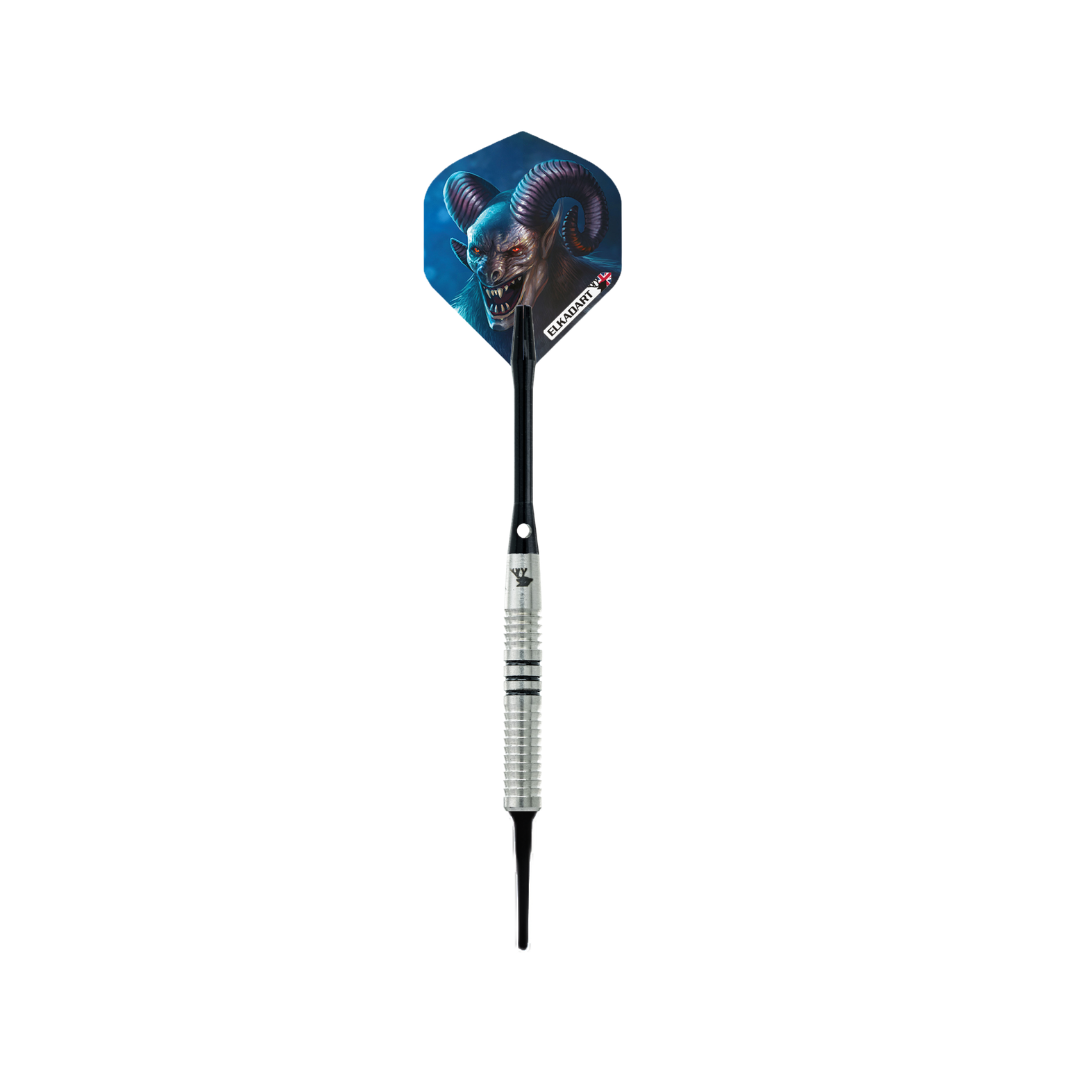 Single assembled Elkadart Titan soft-tip dart with silver ringed barrel and blue Titan-print flight