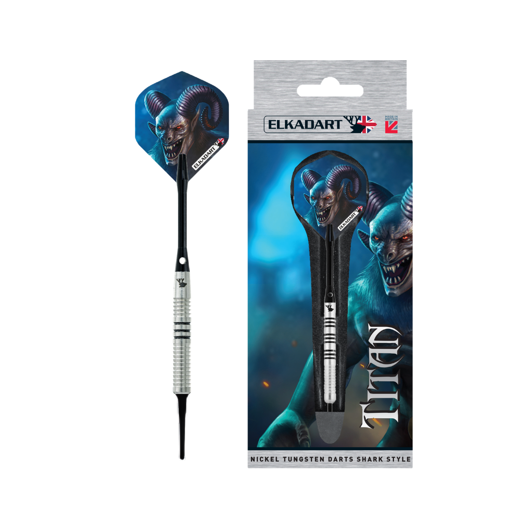 Three Elkadart Titan soft-tip darts grouped in a black bristle dartboard with blue Titan flights