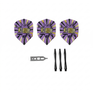 Three purple dart flights with yellow stripes, metal tool, and three black dart shafts