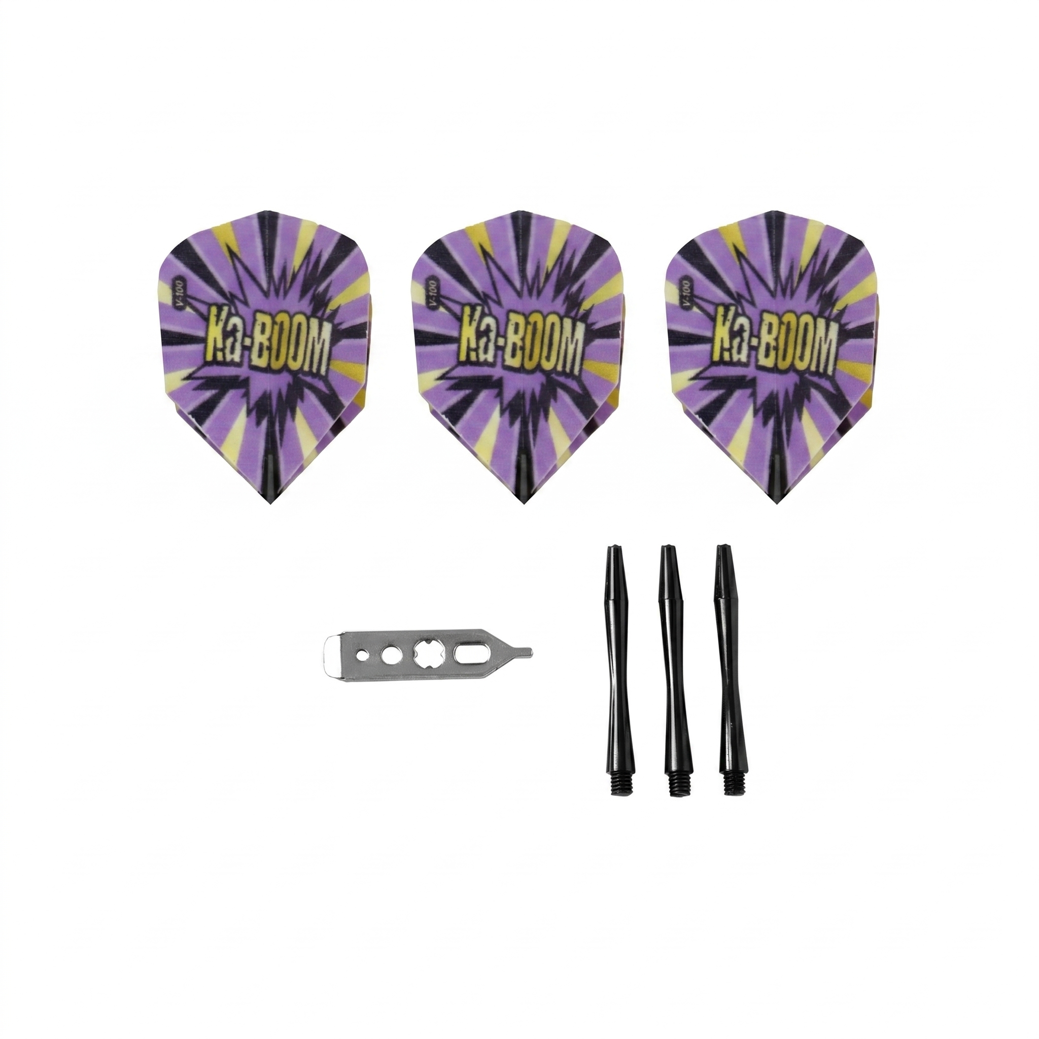 Three purple dart flights with yellow stripes, metal tool, and three black dart shafts