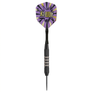 Dart with purple and yellow starburst flight printed with "Ka-BOOM" text and black barrel and point