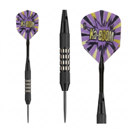 Three darts with black barrels and purple and yellow starburst flights printed with "Ka-Boom" text