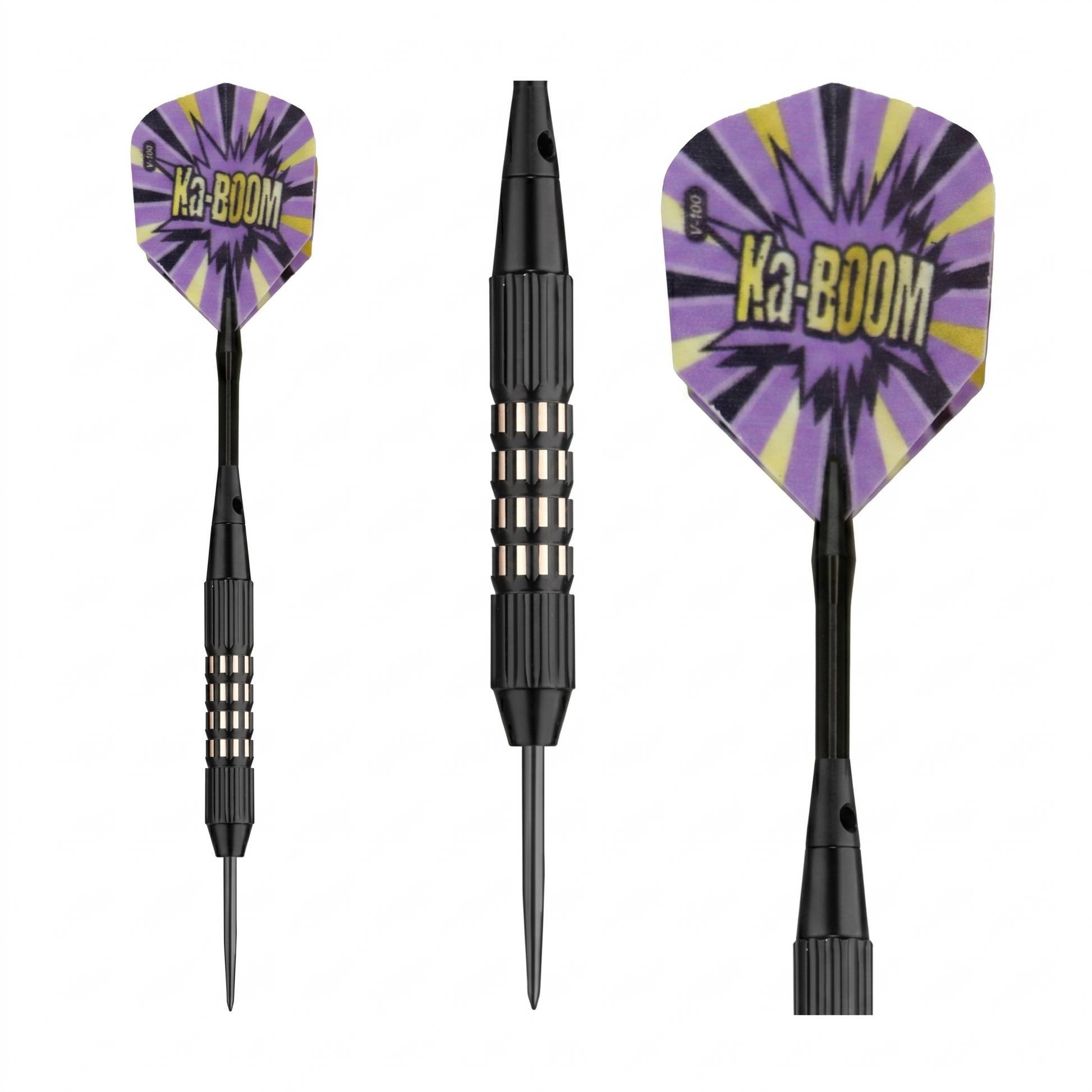 Three darts with black barrels and purple and yellow starburst flights printed with "Ka-Boom" text