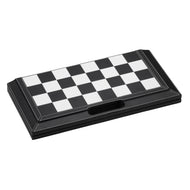Black leatherette board with black-and-white checkered playing surface and storage slot