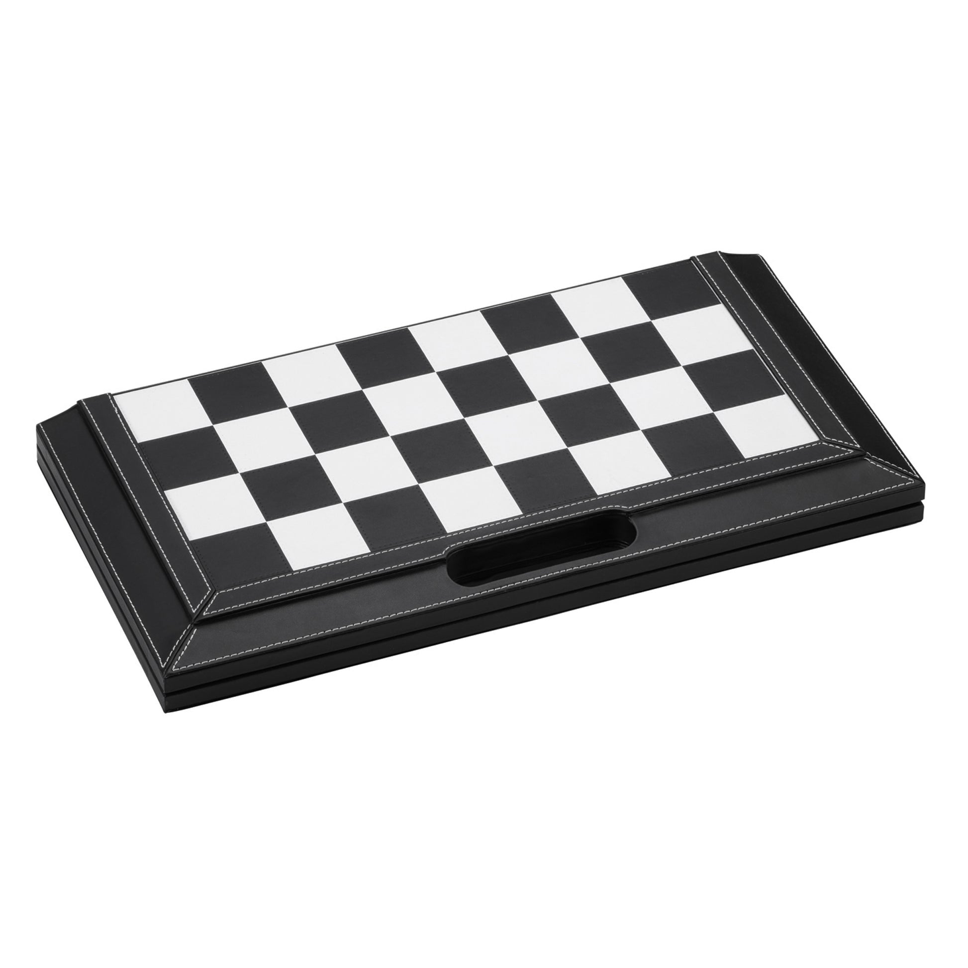 Black leatherette board with black-and-white checkered playing surface and storage slot