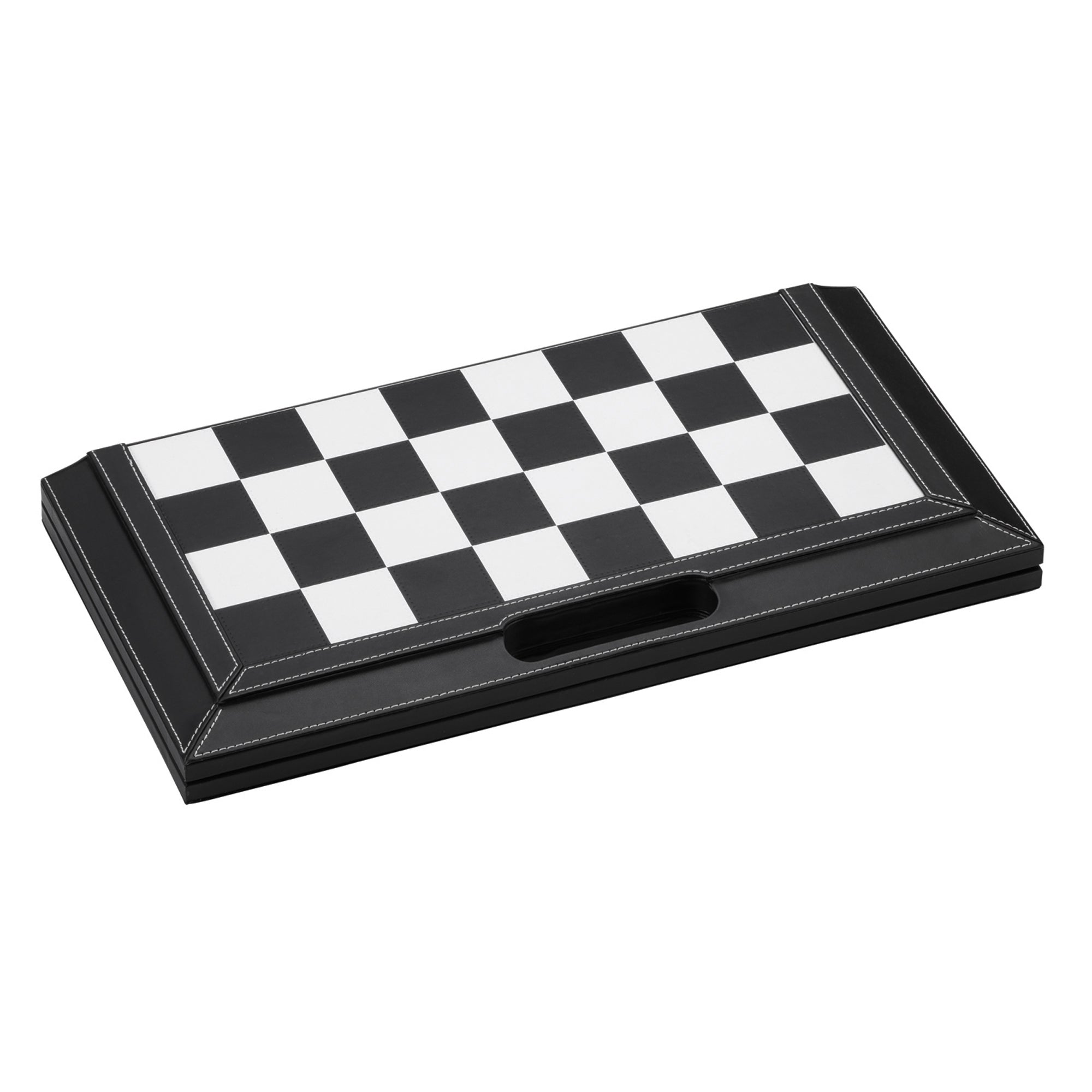Black leatherette board with black-and-white checkered playing surface and storage slot