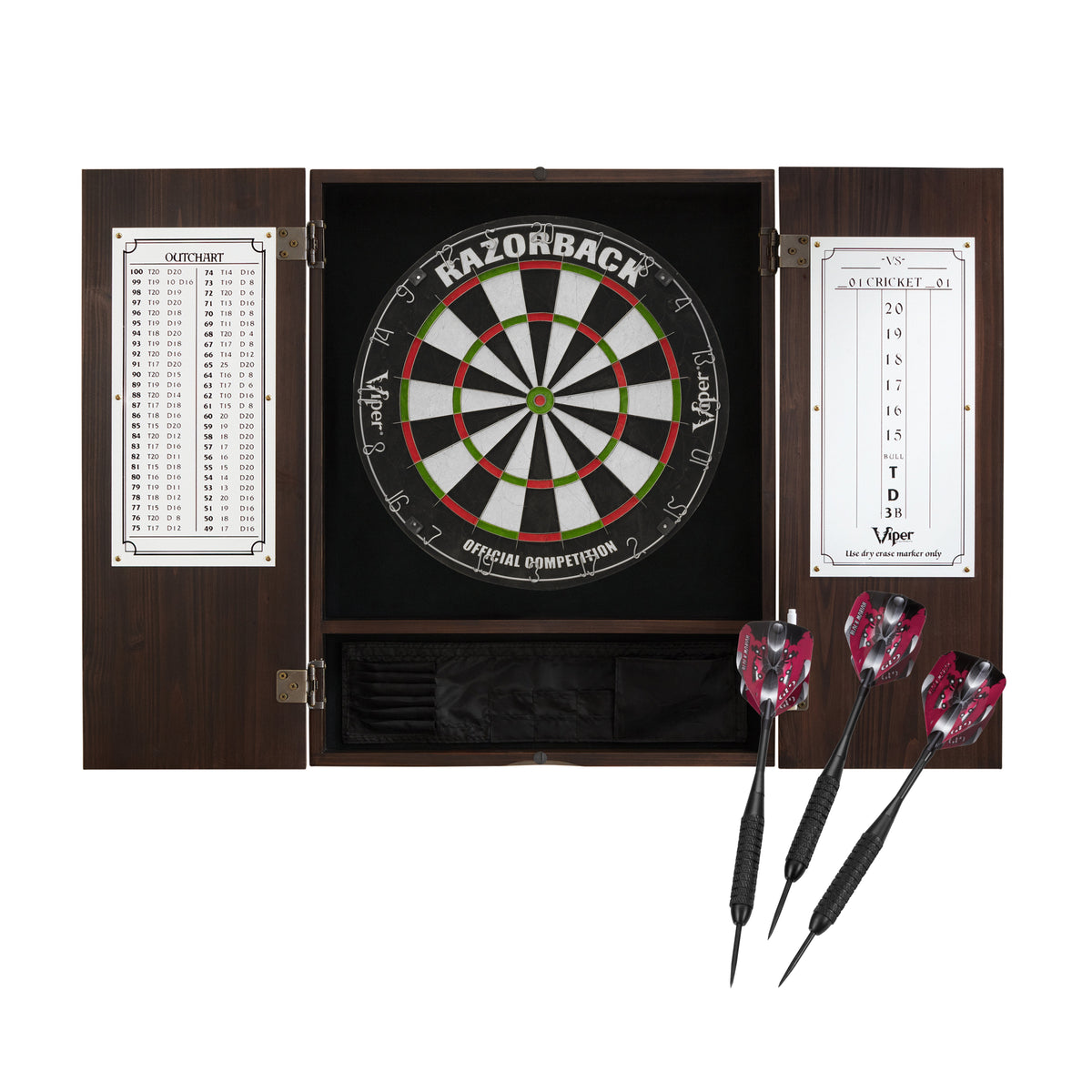 Viper Metropolitan Sisal Fiber Bristle Dartboard and Cabinet Bundle: Premium Set (Razorback Dartboard and Darts), Espresso Finish
