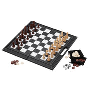 Black leatherette board with chess, checkers, and dice game pieces included