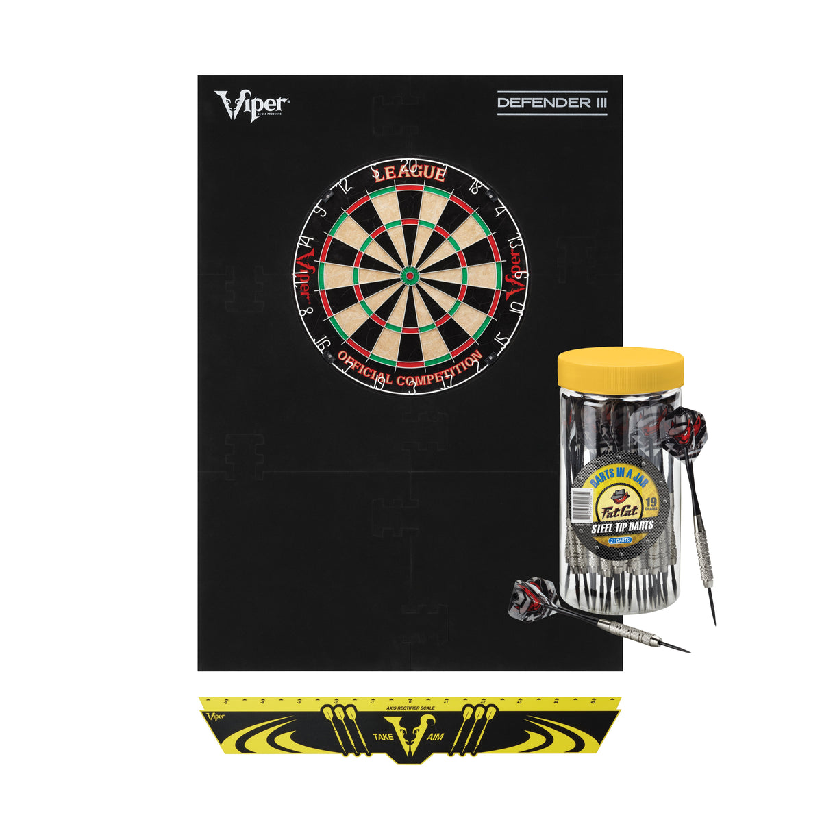 Viper League Sisal Dartboard, Defender III Dart Surround, Jar of 20 Darts and Viper Edge Throwline