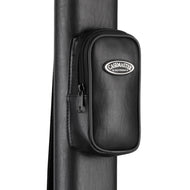 Black leather cue case with Casemaster badge attached to gray cue tube