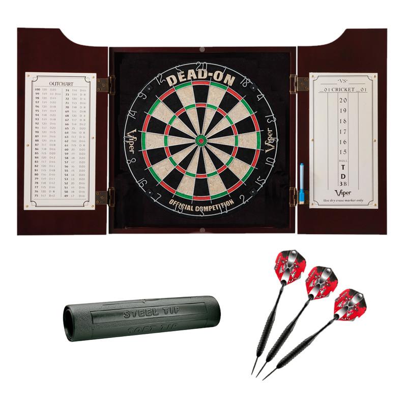 Viper Hudson Dartboard Cabinet, Dead-On Bristle Dartboard, Black Mariah Steel Tip Darts 22 Grams, and Vinyl Dart Mat Darts Viper 