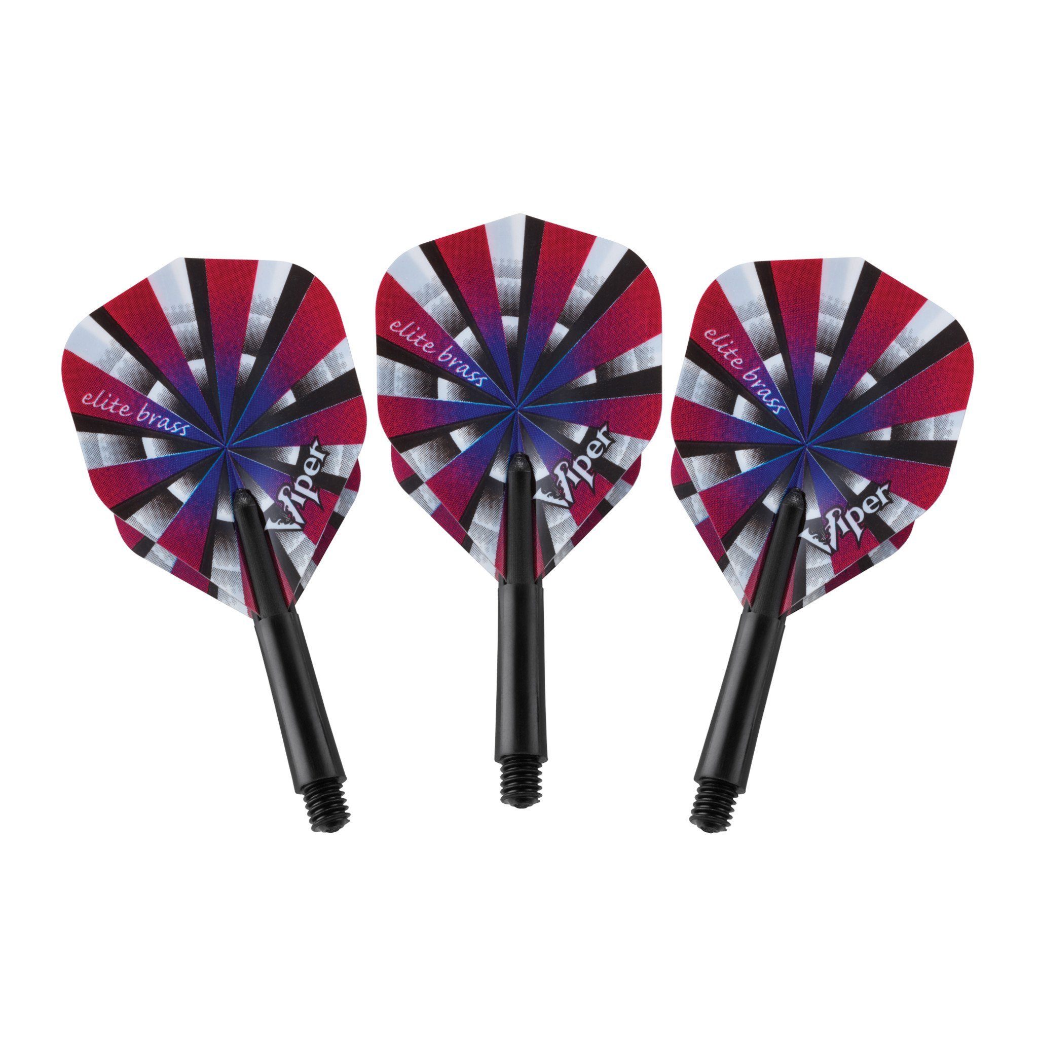 Three darts with red, white, black, and blue striped flights and black shafts arranged side by side