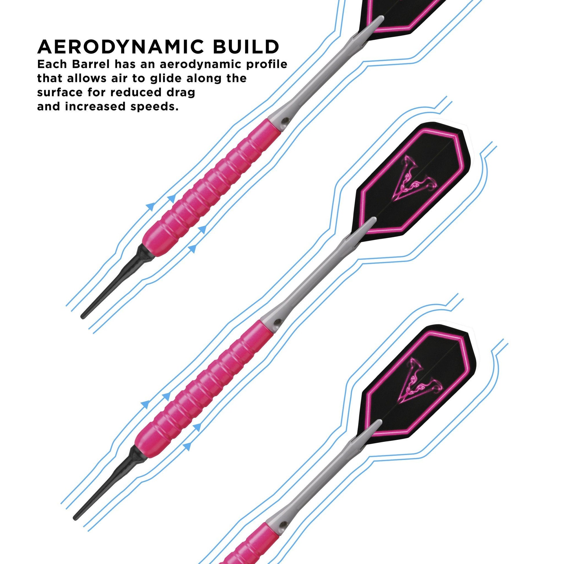 Three darts with pink grip, gray shaft, black and magenta flight heads with airflow lines