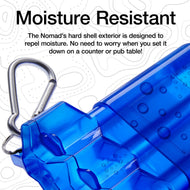 Blue cylindrical dart case with metal carabiner clip and water droplets on surface