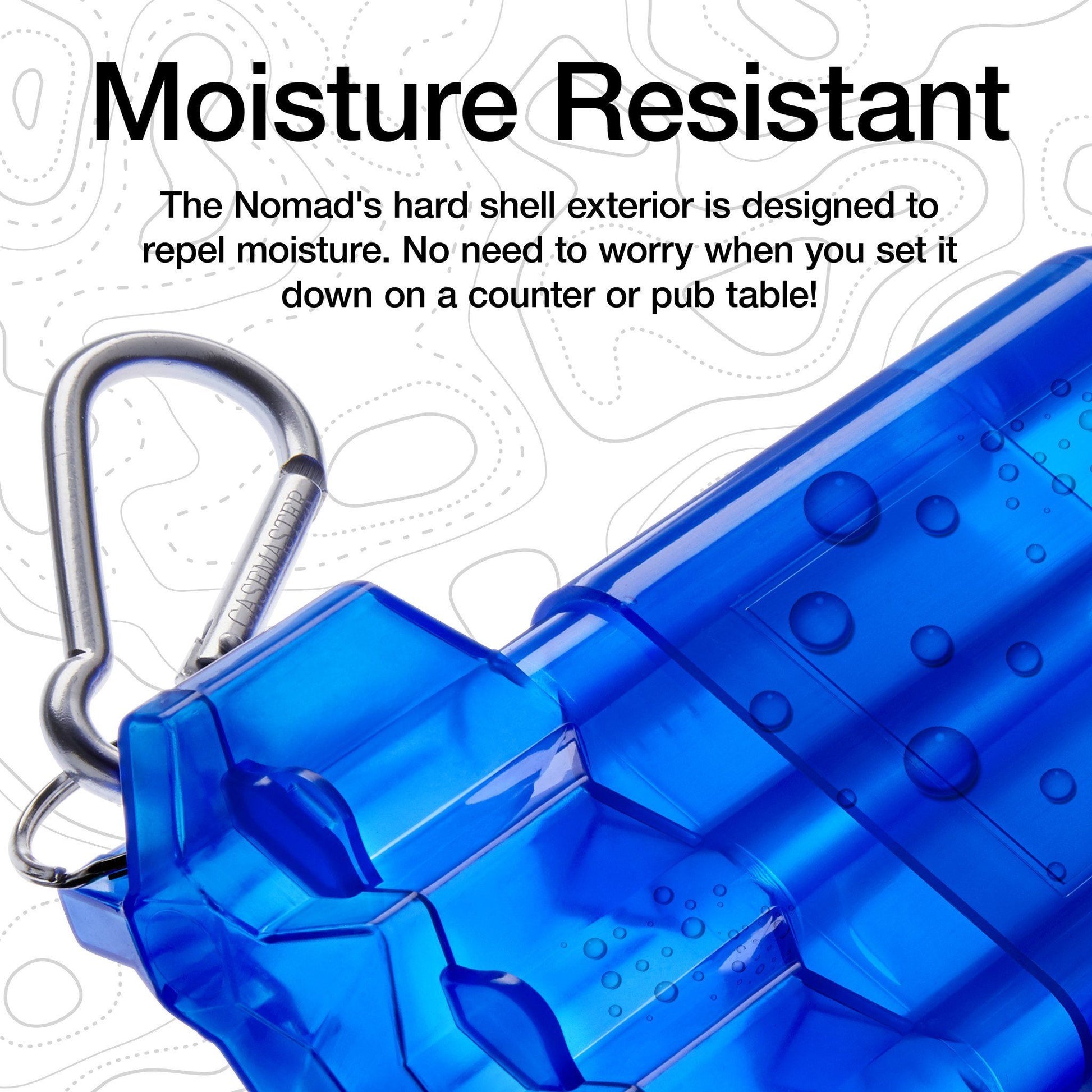 Blue cylindrical dart case with metal carabiner clip and water droplets on surface