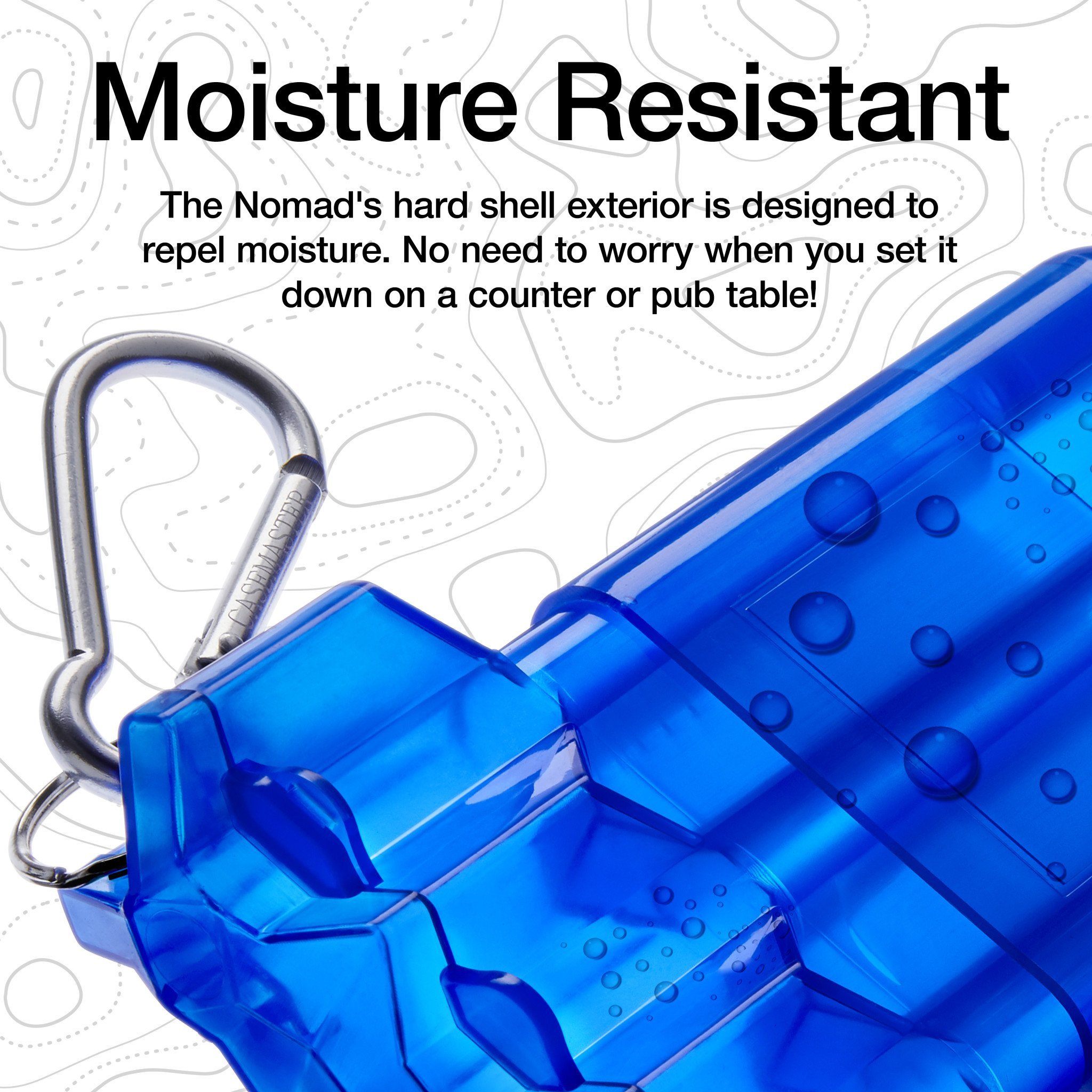 Blue cylindrical dart case with metal carabiner clip and water droplets on surface