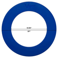 Infographic showing blue circular dartboard surround with 27 inch outer diameter and 17.75 inch inner diameter