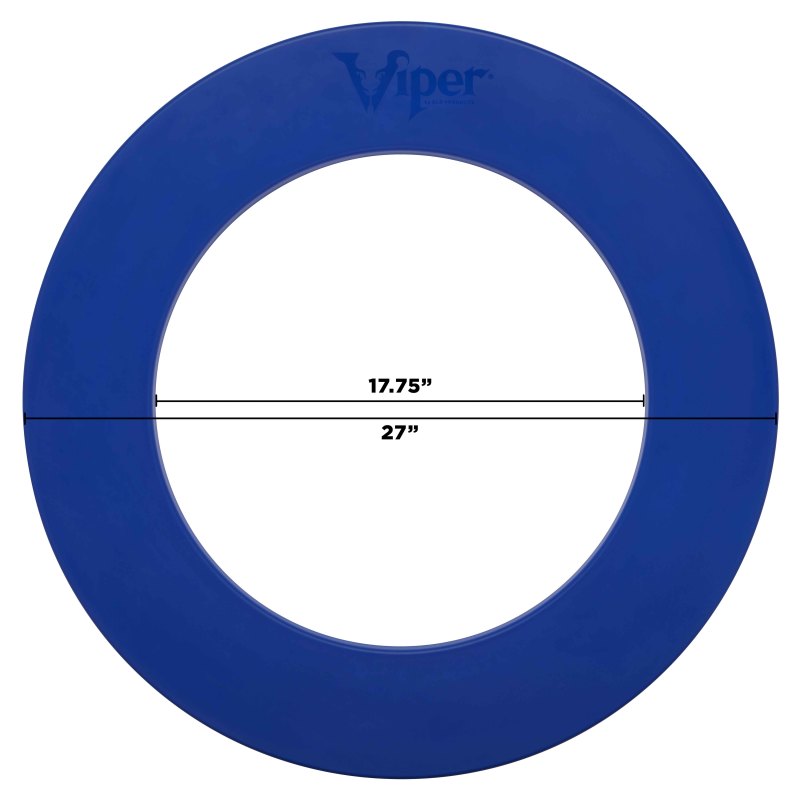 Infographic showing blue circular dartboard surround with 27 inch outer diameter and 17.75 inch inner diameter
