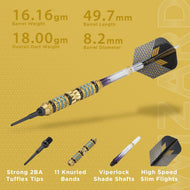 Infographic of blue and gold dart with specifications: 18.00gm weight, 49.7mm barrel length, 8.2mm diameter