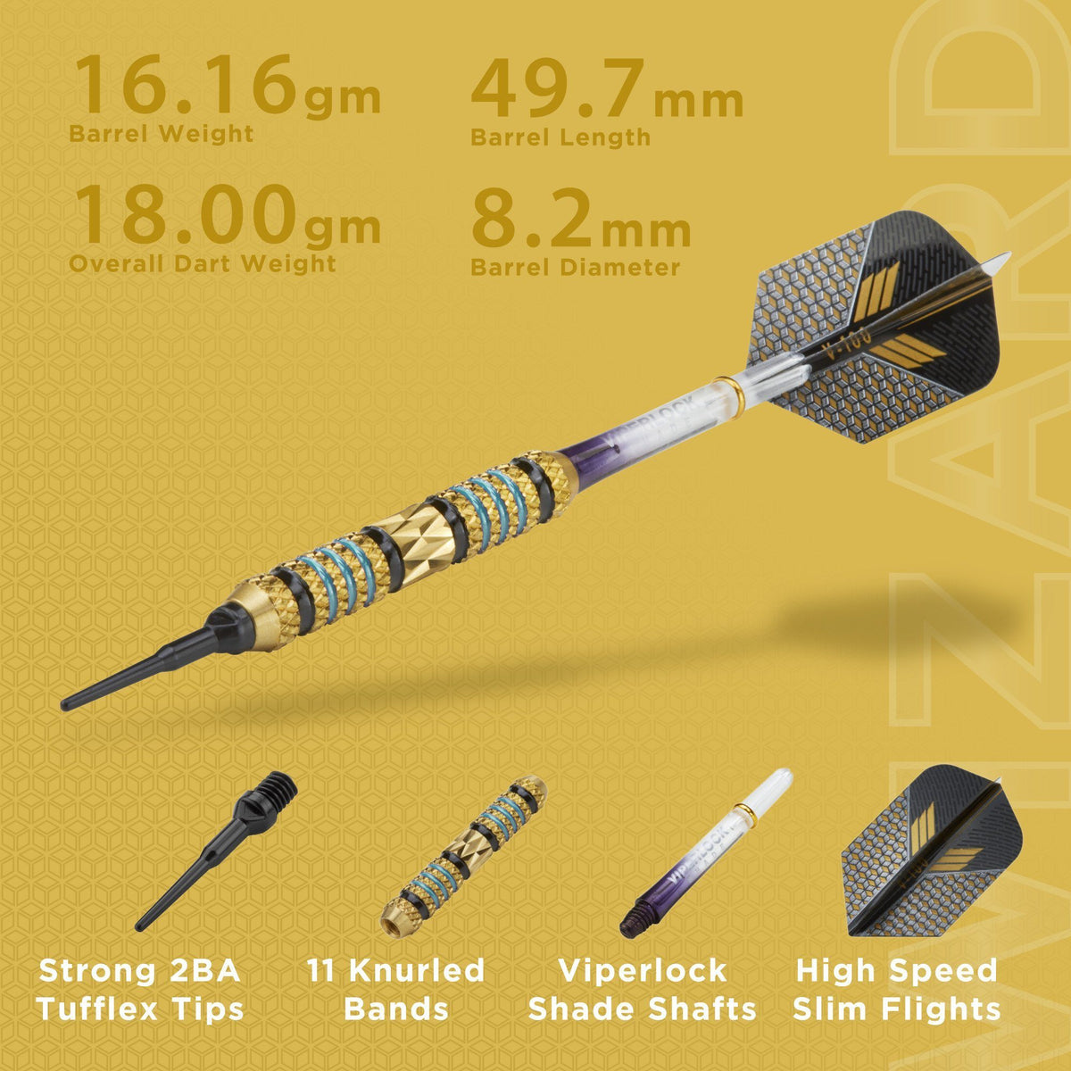 Infographic of blue and gold dart with specifications: 18.00gm weight, 49.7mm barrel length, 8.2mm diameter