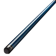 Dark blue cue stick with white stripe and black grip end, angled diagonally against white background