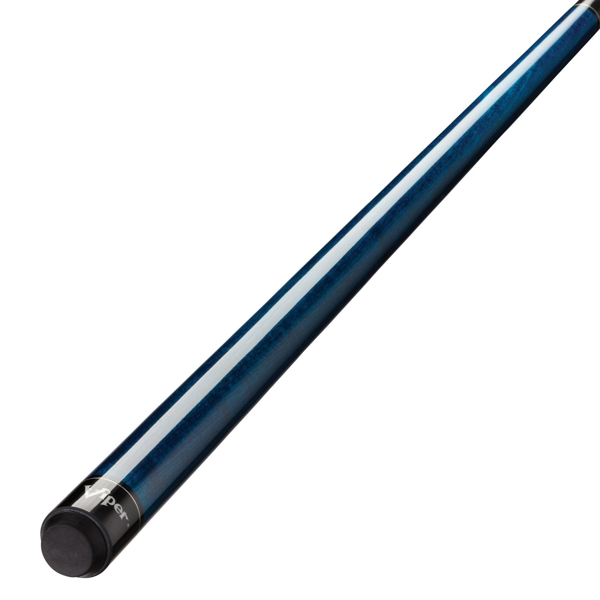 Dark blue cue stick with white stripe and black grip end, angled diagonally against white background