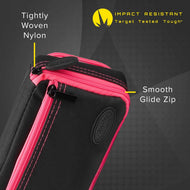 Black and hot pink dart case with tightly woven nylon exterior, bright pink zip, and embossed oval logo patch