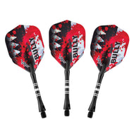 Three darts with red, black, and white splatter-patterned flights and black shafts with white grip bands